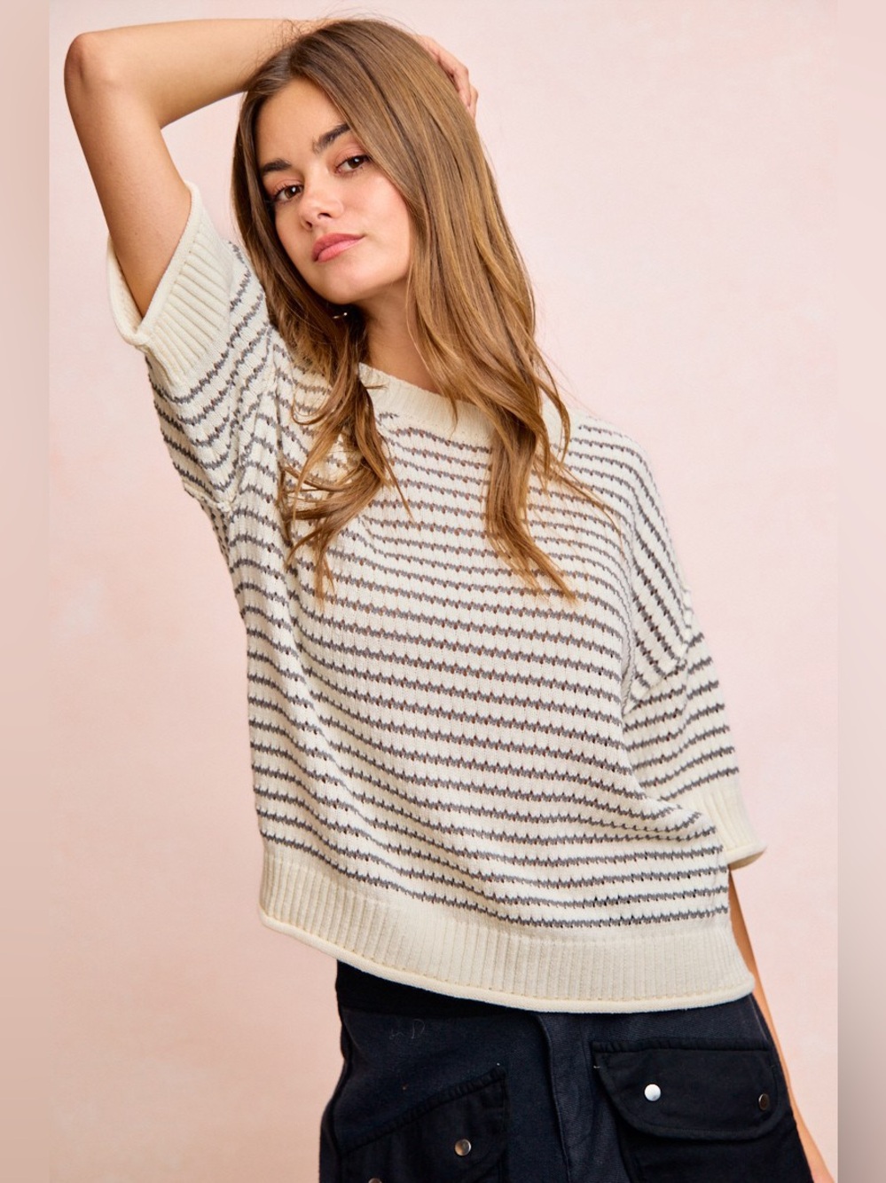 BiBi Stripes Short Sleeves Rib Banded Outseam Knit Top
